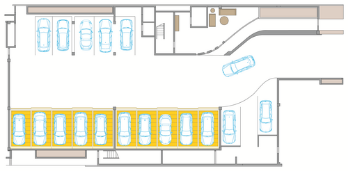 L’image montre une représentation schématique d’un parking avec des places de stationnement et des véhicules.