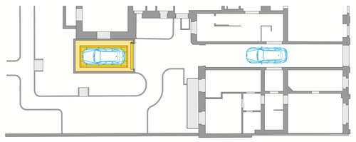 Le graphique indique l'emplacement du système de stationnement dans la cour intérieure du bâtiment